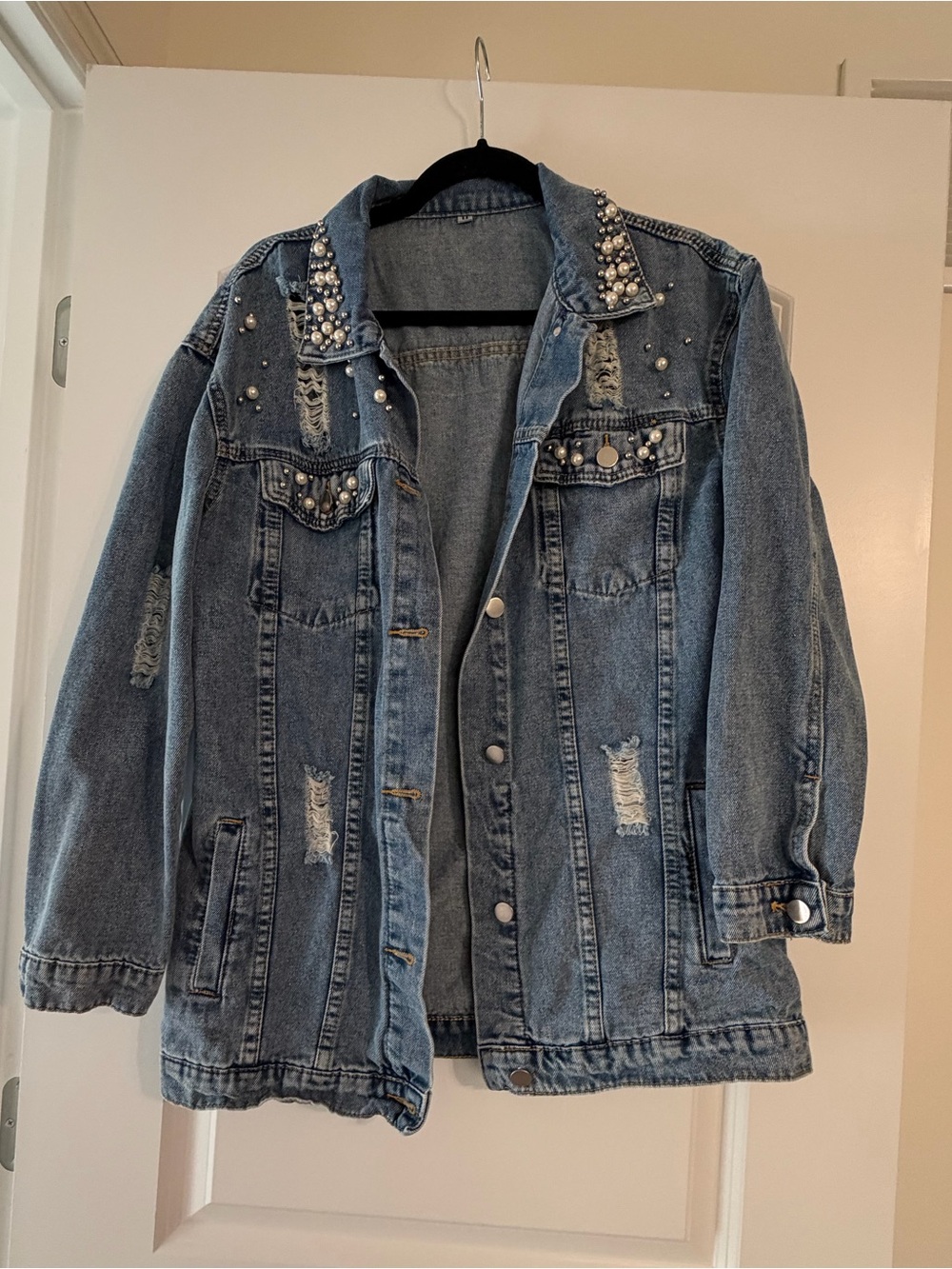 Studded Light Blue Denim Jacket with Distressed Detail